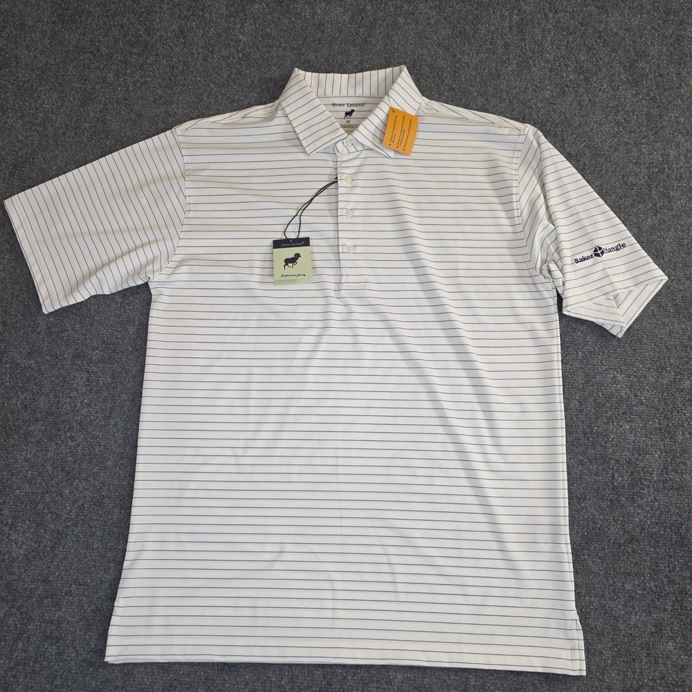 NWT Horn Legend Polo Shirt Mens Medium White Navy Striped Luxury HL1018 (LOGO)
